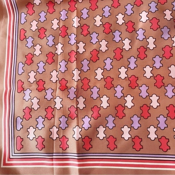 Vintage 70s Scarf Neckerchief 27” Square Puzzle Pieces Pink Lilac Tan - Picture 8 of 12